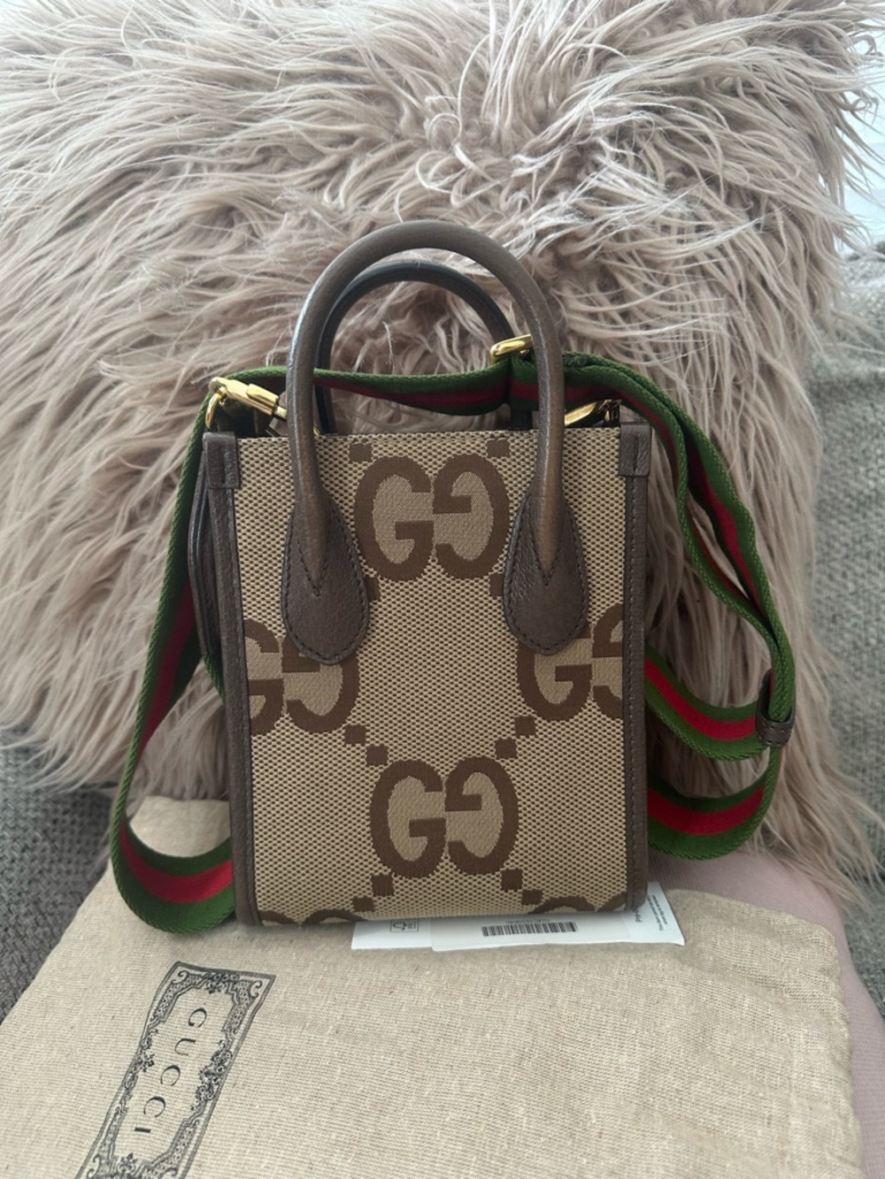 Gucci Brown GG Canvas Micro Tote with Green-Red Web Strap